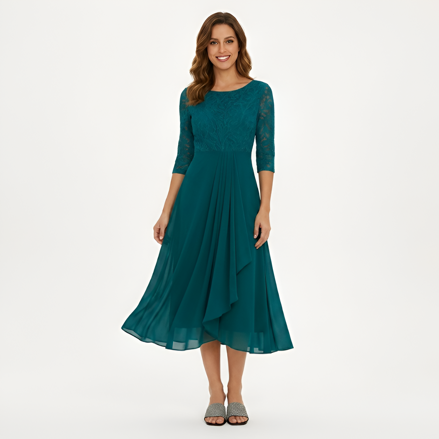 Women's Embroidered 3/4 Sleeve Midi Dress - Formal Wear