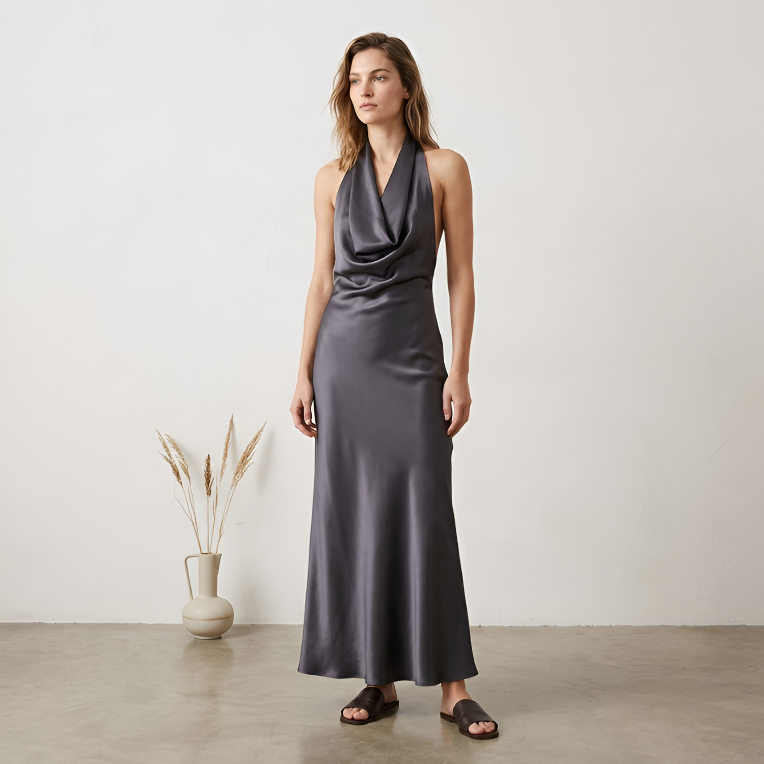 Women's Cowl Neck Backless Halter Maxi Dress - Formal Wear