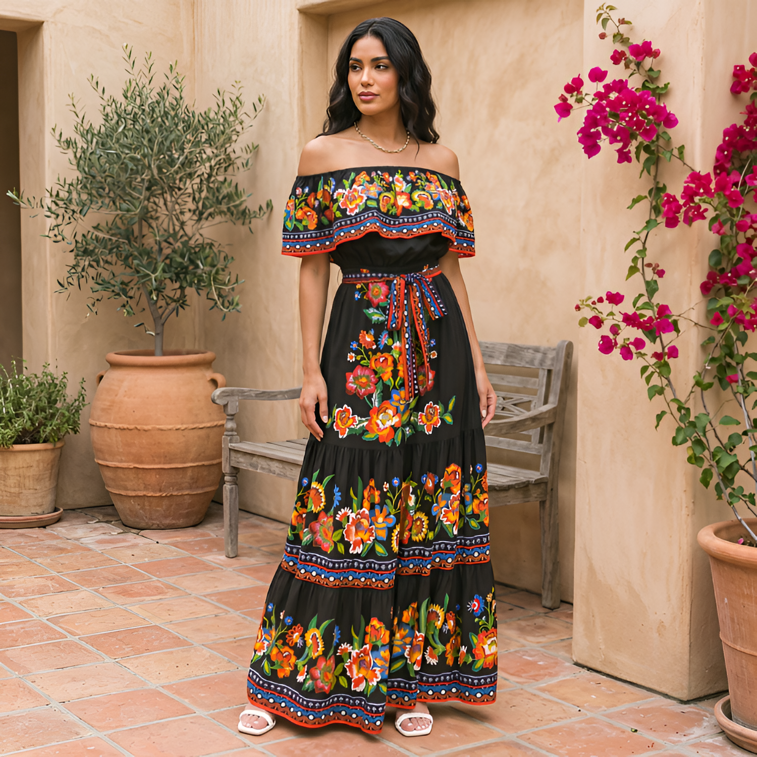 Women's Off-The-Shoulder Floral Maxi Dress - Casual Vacation Wear