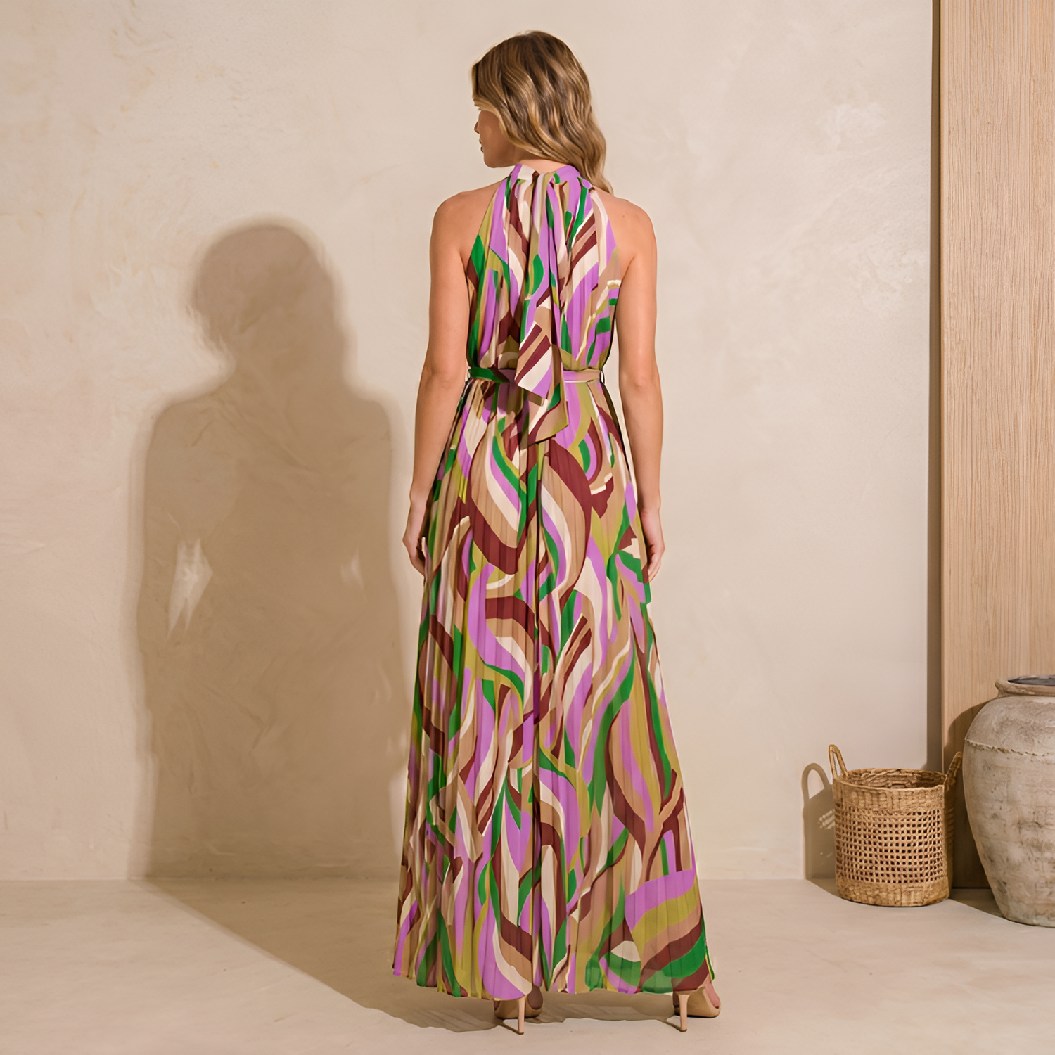 Women's Abstract Geometric Print Pleated Maxi Dress - Date Night
