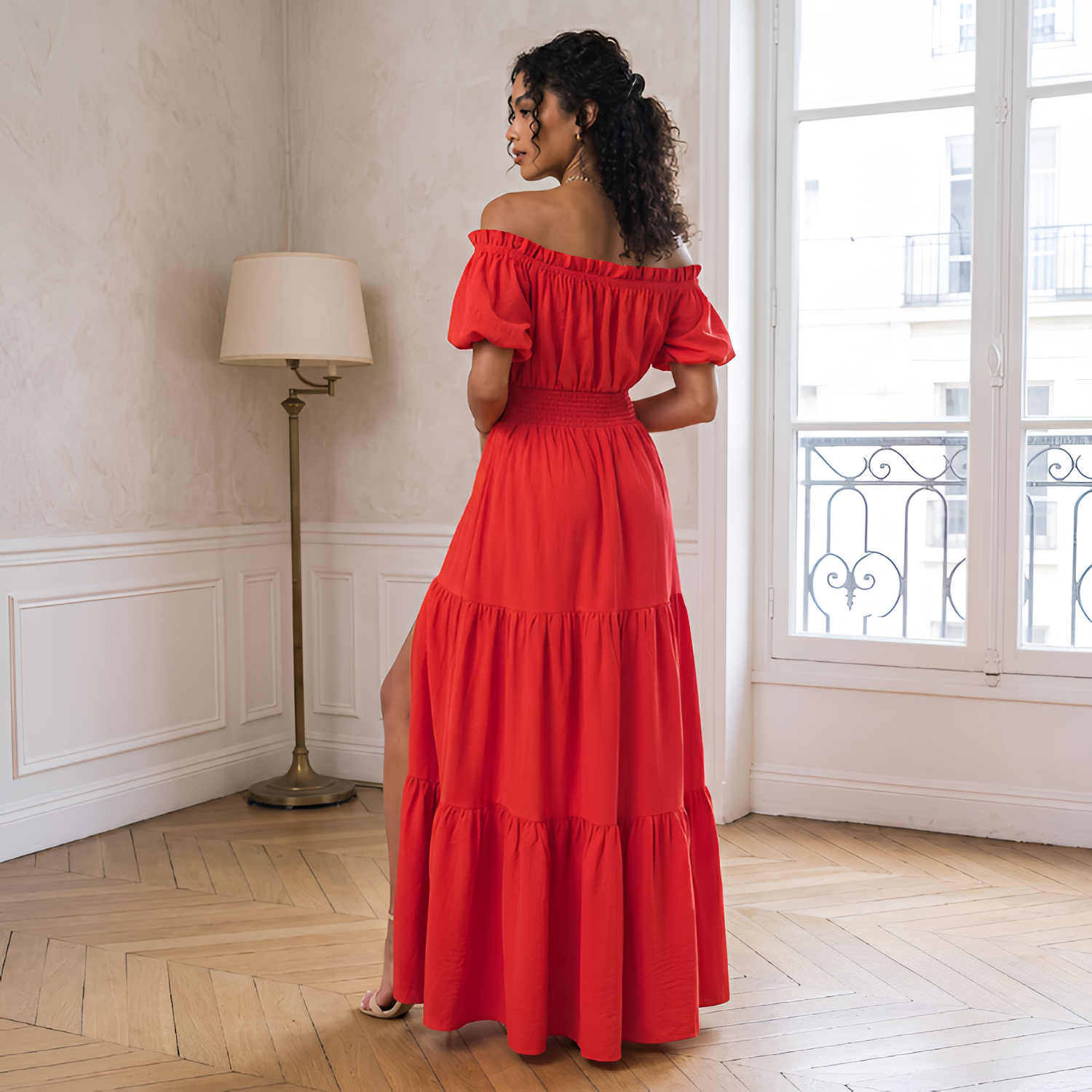 Women's Off-Shoulder Smocked Ruffled Maxi Dress - Garden Parties