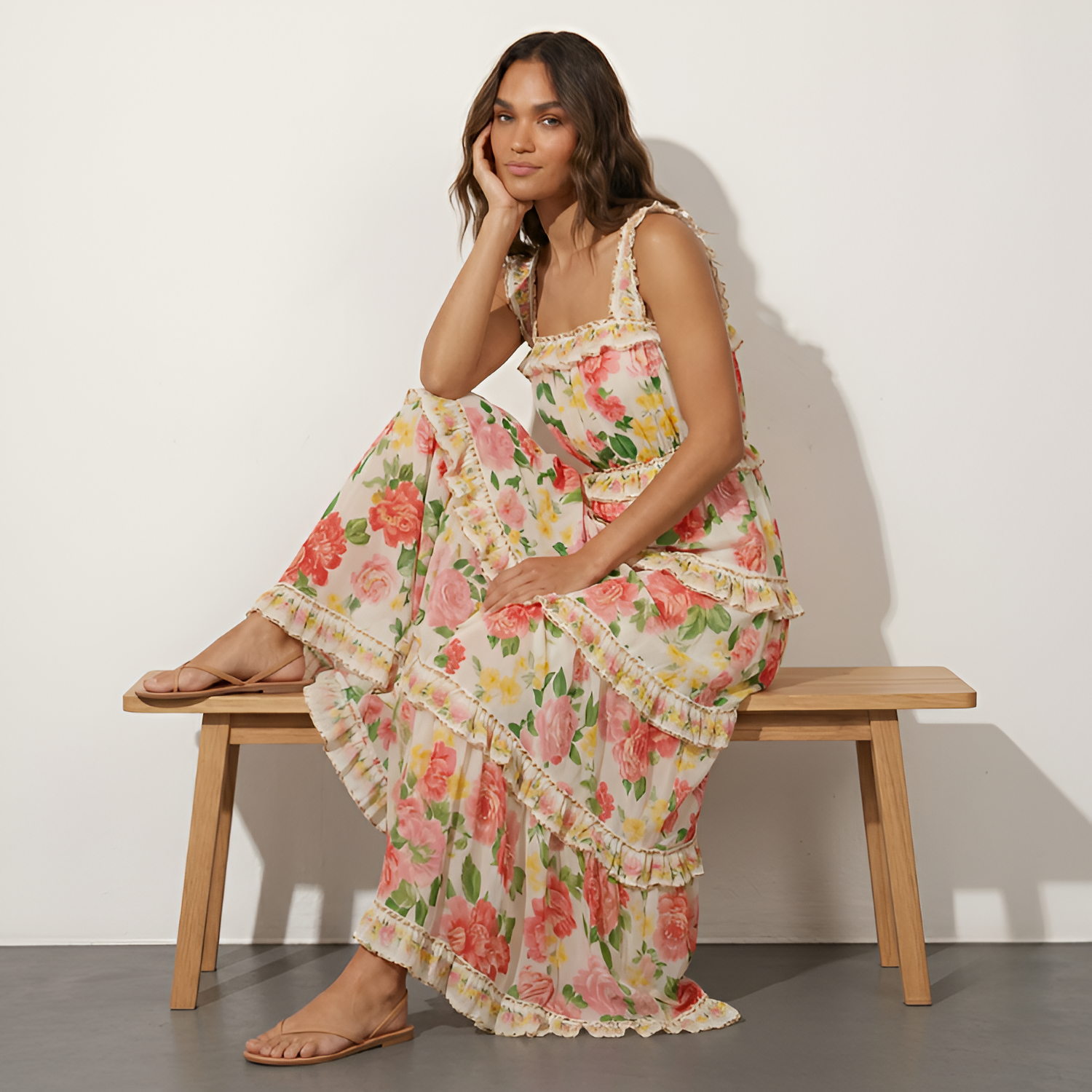 Women's Floral Ruffle Strap Tiered Maxi Dress - Summer Casual