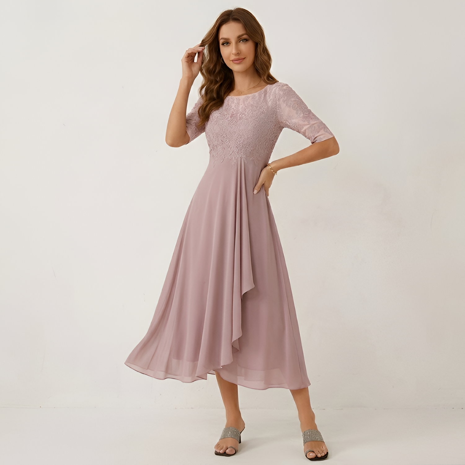 Women's Embroidered 3/4 Sleeve Midi Dress - Formal Wear