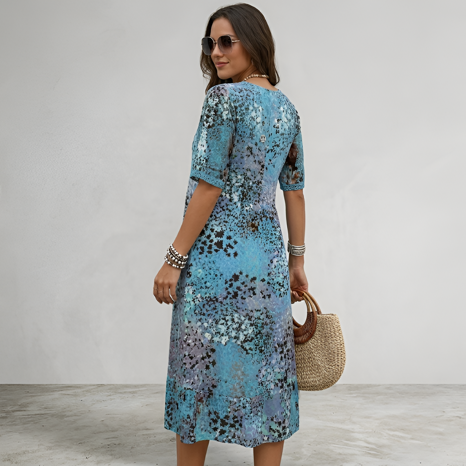 Women's Abstract V-Neck Short Sleeve Midi Dress - Casual Summer Wear