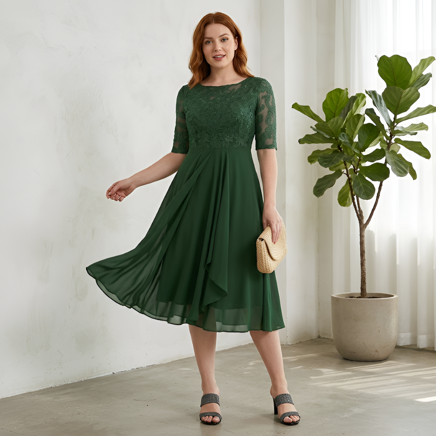 Women's Embroidered 3/4 Sleeve Midi Dress - Formal Wear