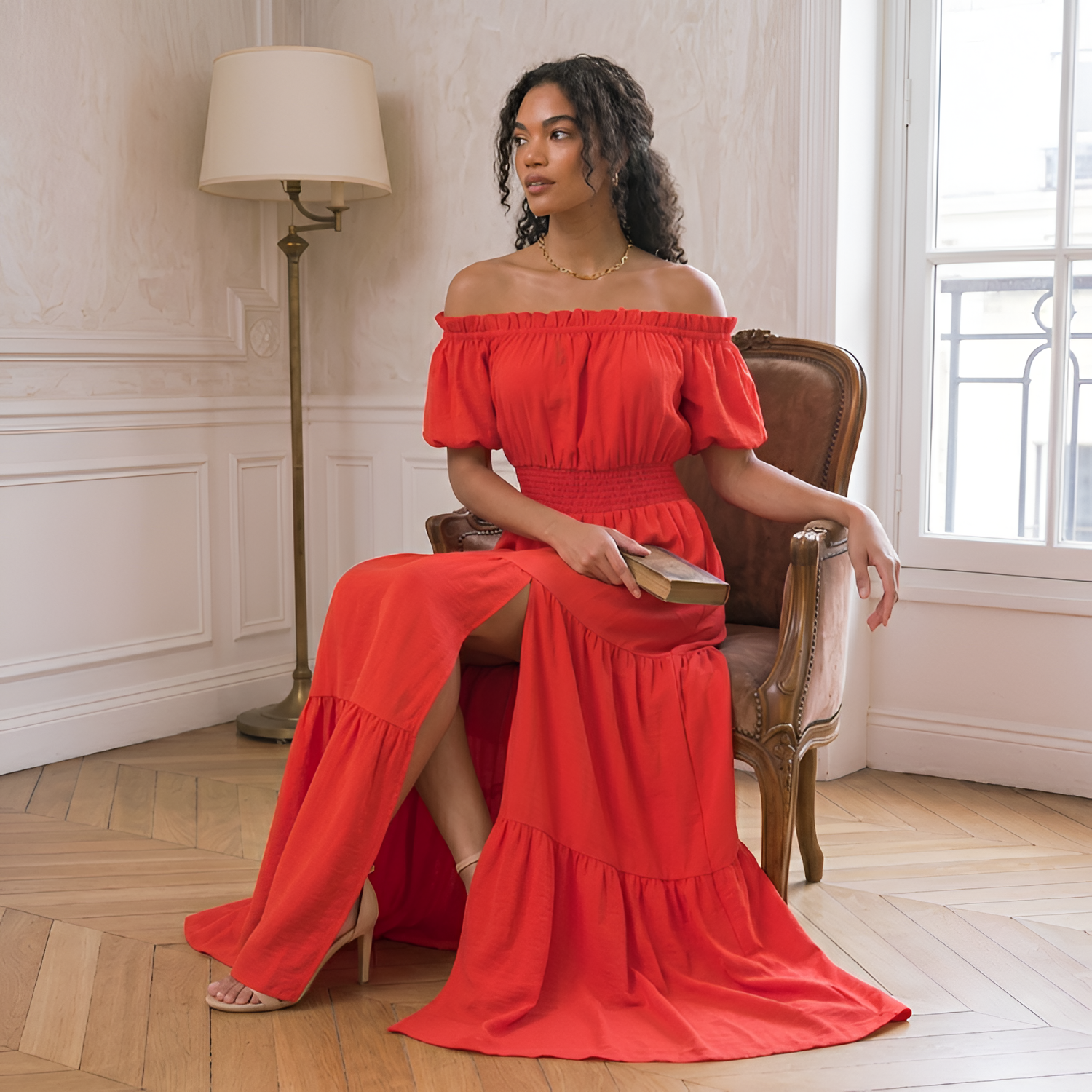 Women's Off-Shoulder Smocked Ruffled Maxi Dress - Garden Parties