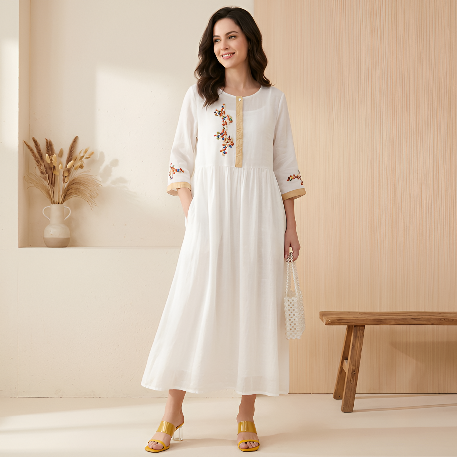 Women's Embroidered 3/4 Sleeve Midi Dress - Casual