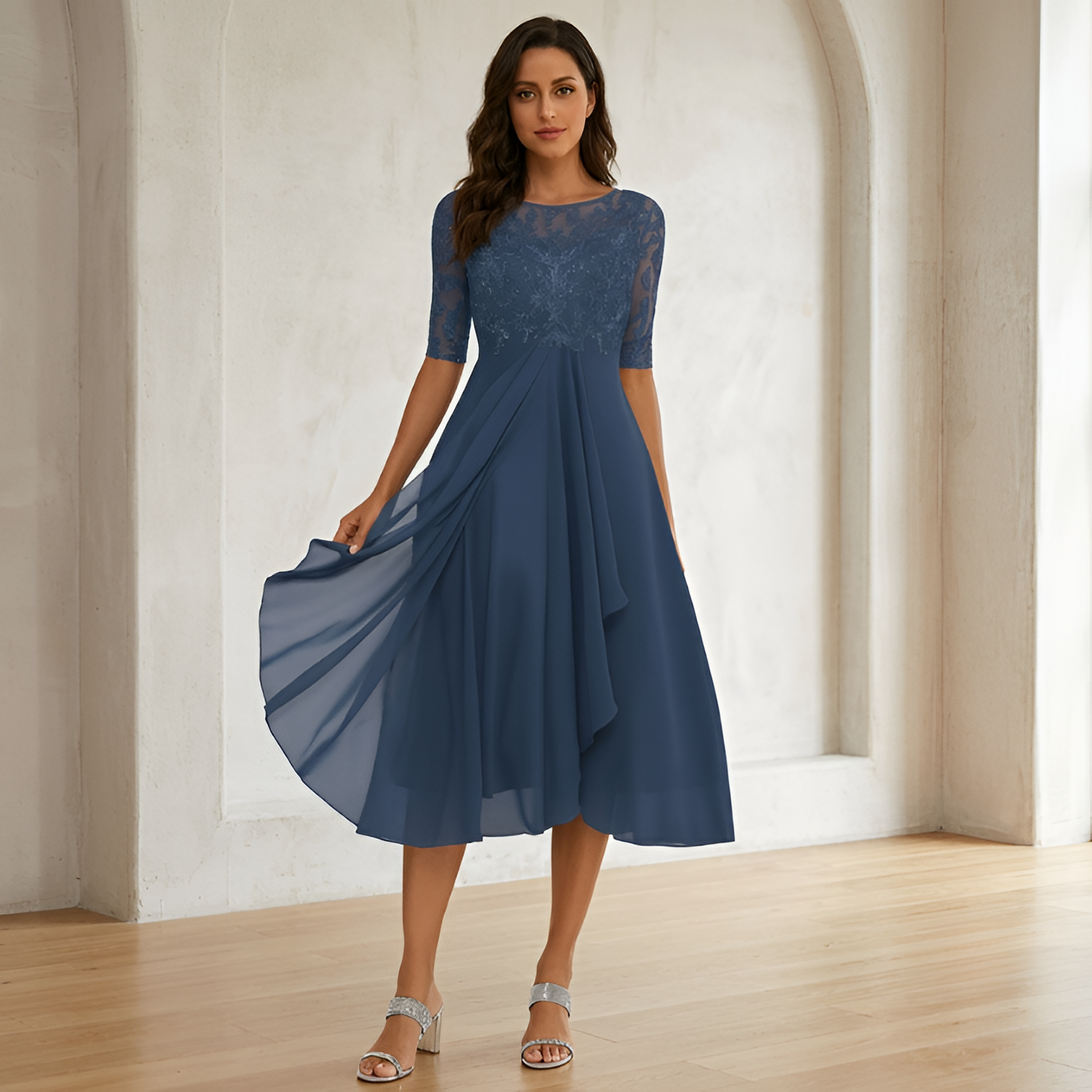 Women's Embroidered 3/4 Sleeve Midi Dress - Formal Wear