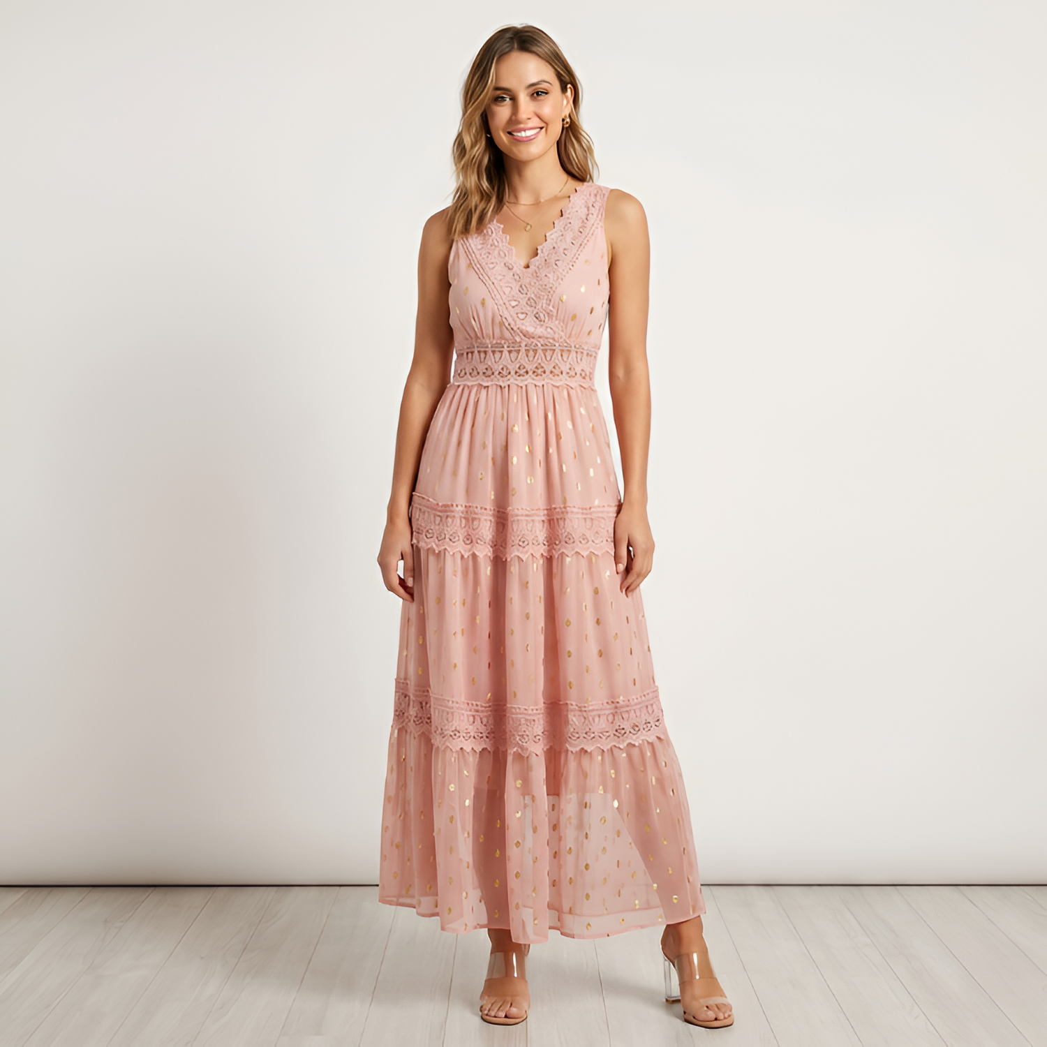 Women's V-Neck Swiss Dot Maxi Dress - Beach Vacation