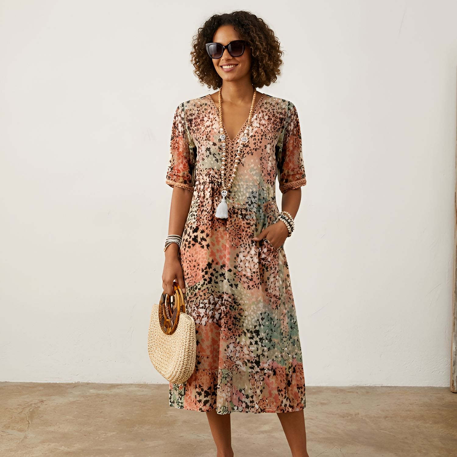 Women's Abstract V-Neck Short Sleeve Midi Dress - Casual Summer Wear