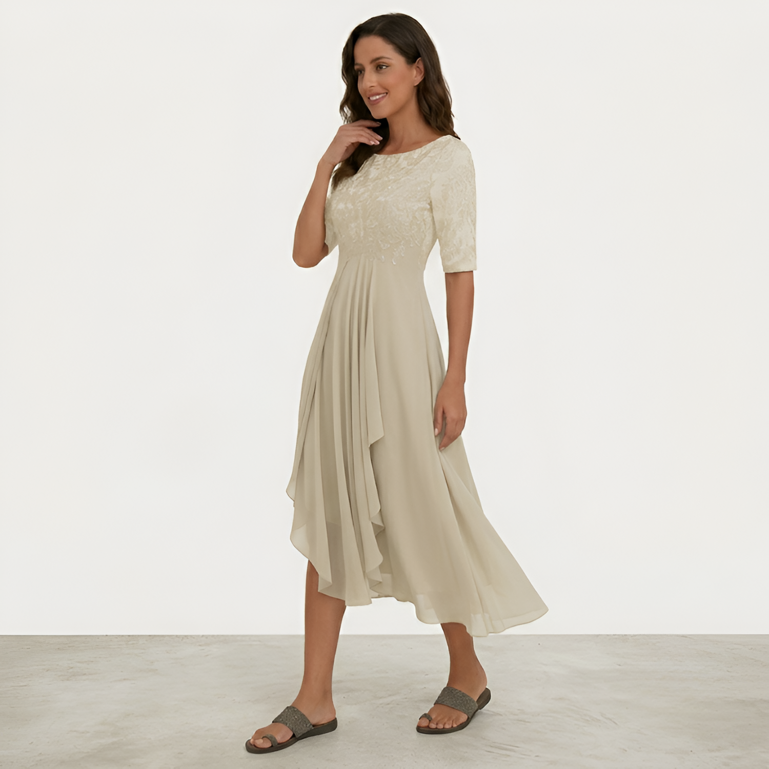 Women's Embroidered 3/4 Sleeve Midi Dress - Formal Wear