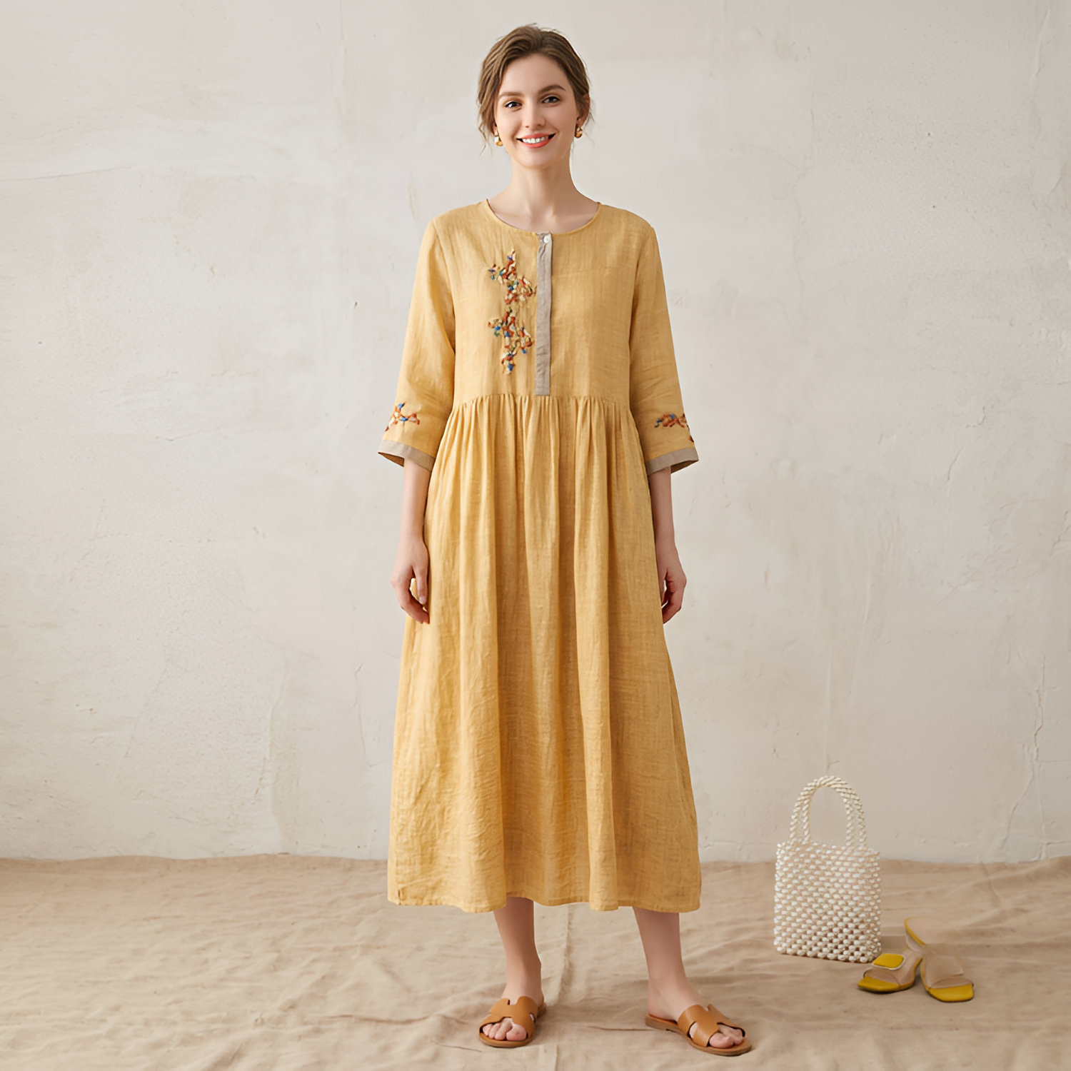 Women's Embroidered 3/4 Sleeve Midi Dress - Casual