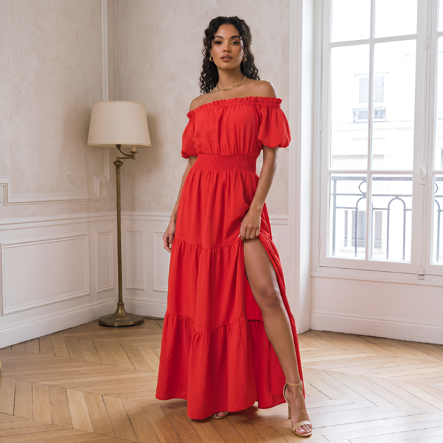 Women's Off-Shoulder Smocked Ruffled Maxi Dress - Garden Parties