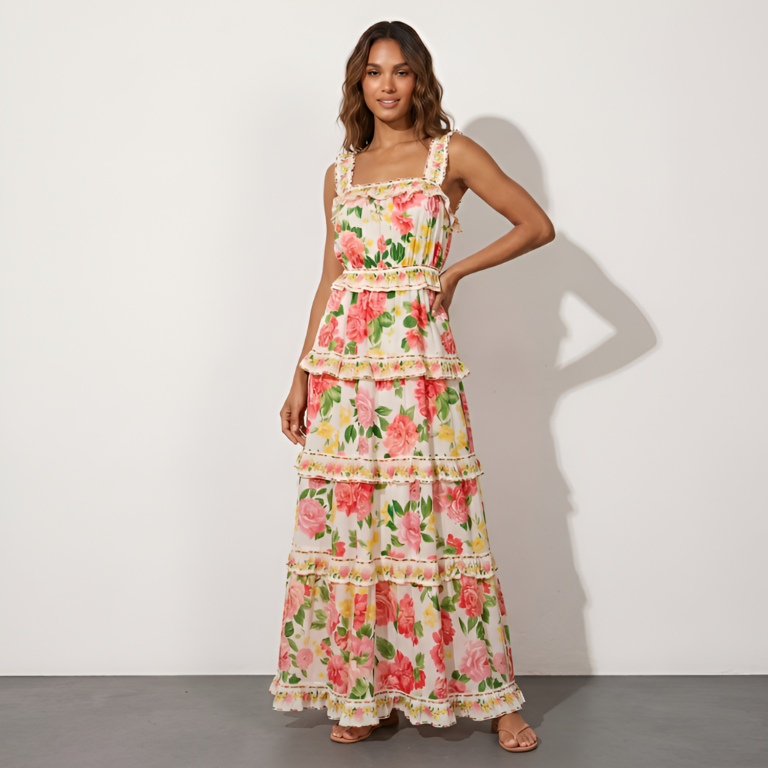 Women's Floral Ruffle Strap Tiered Maxi Dress - Summer Casual