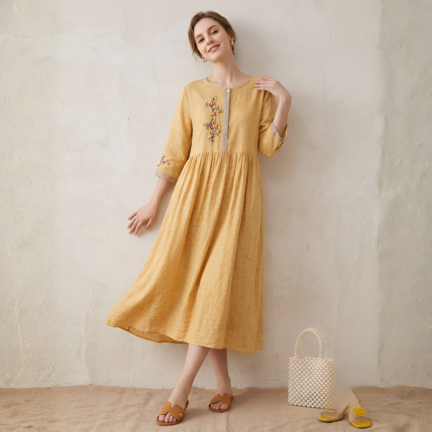 Women's Embroidered 3/4 Sleeve Midi Dress - Casual