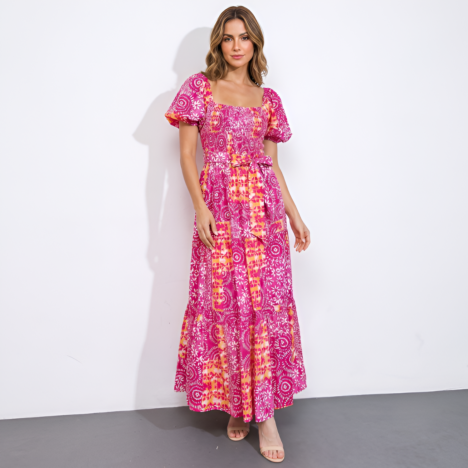 Women's Square Neck Flutter Sleeve Floral Maxi Dress - Casual Wear