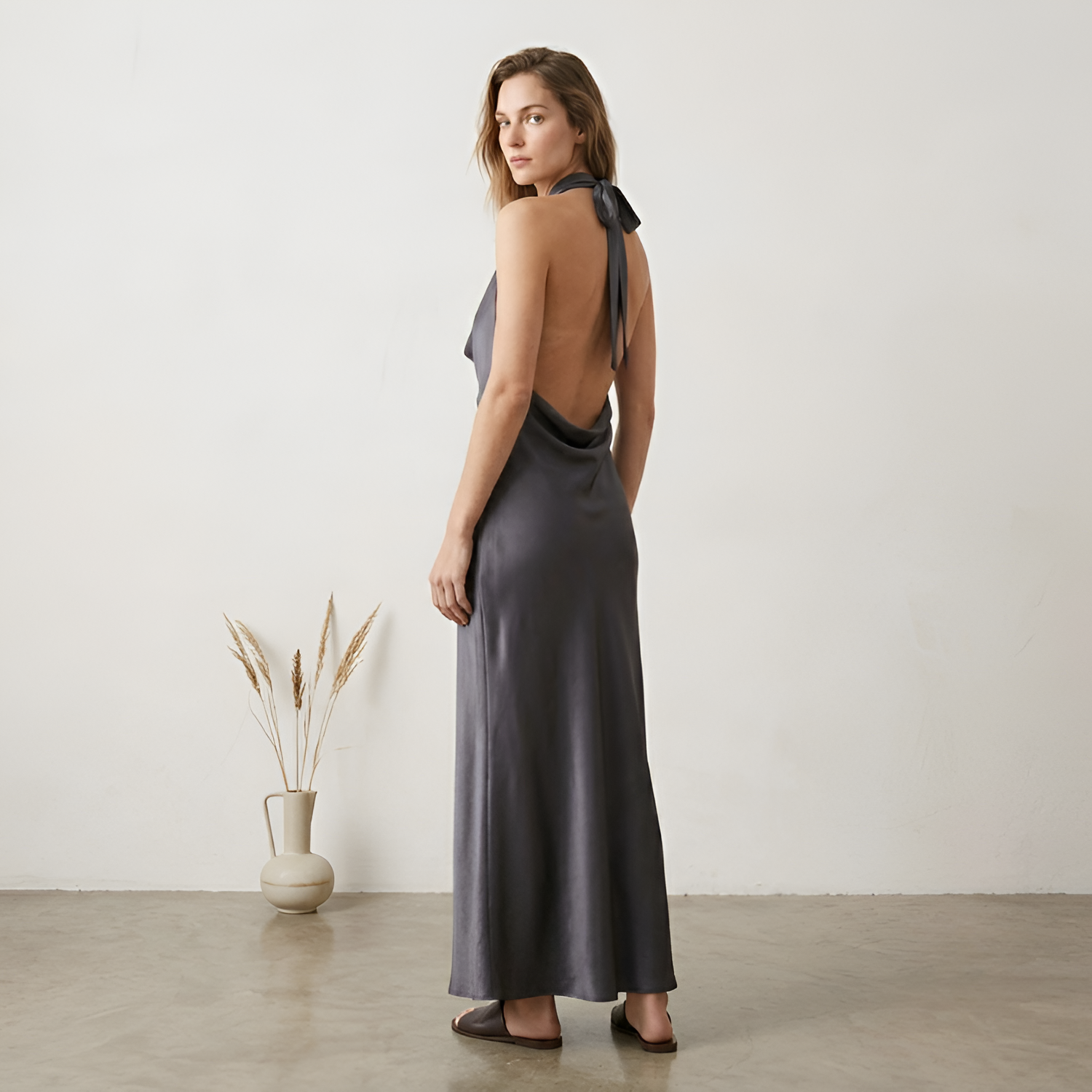 Women's Cowl Neck Backless Halter Maxi Dress - Formal Wear