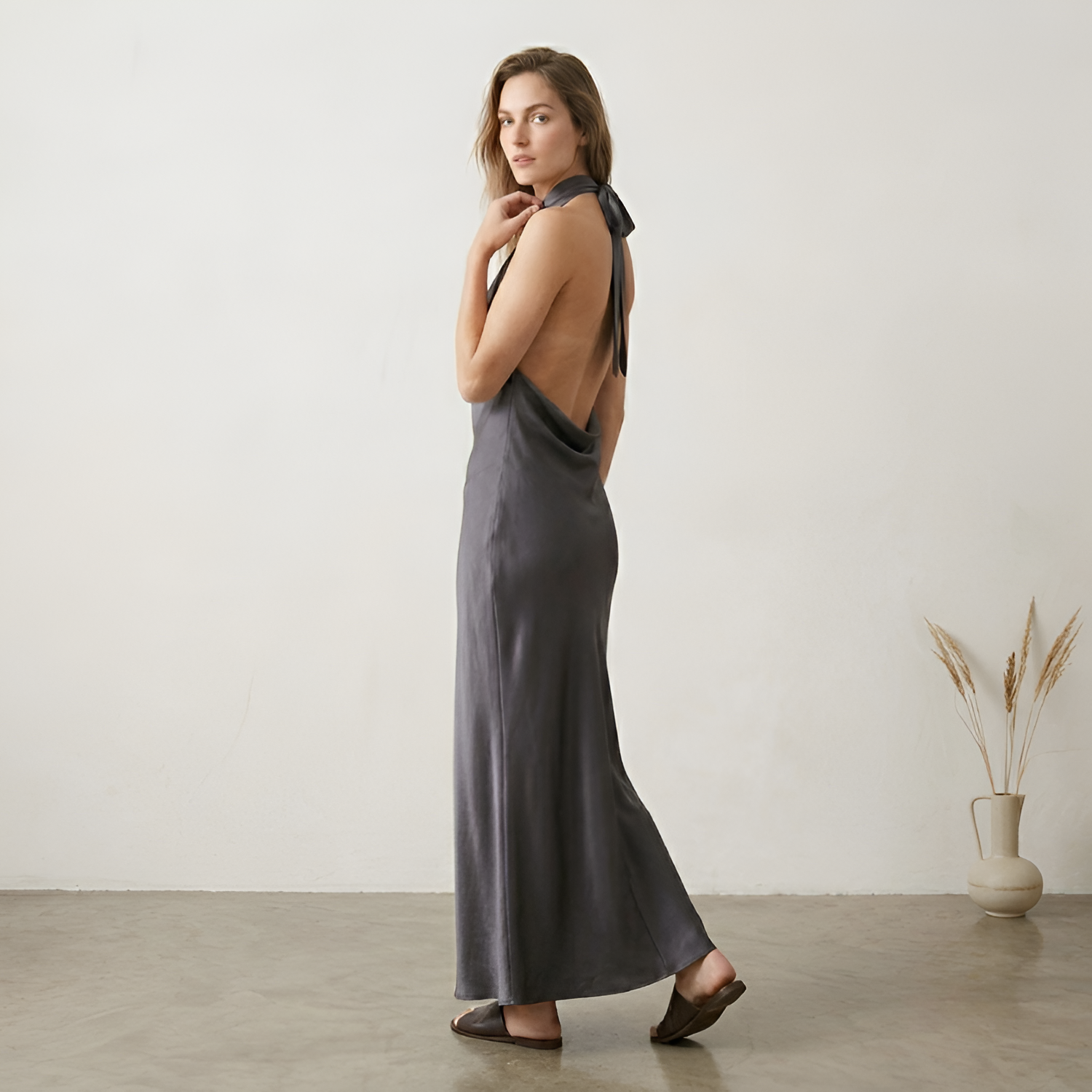 Women's Cowl Neck Backless Halter Maxi Dress - Formal Wear