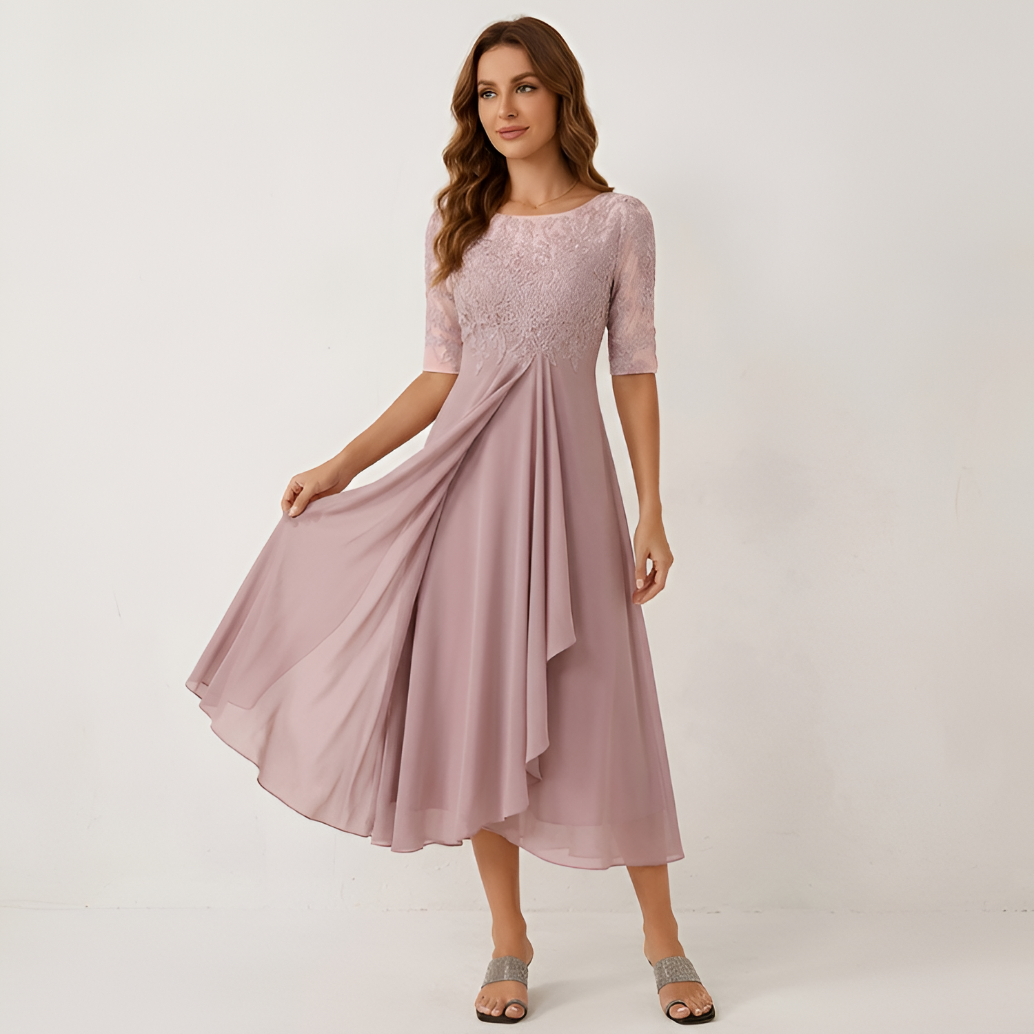 Women's Embroidered 3/4 Sleeve Midi Dress - Formal Wear