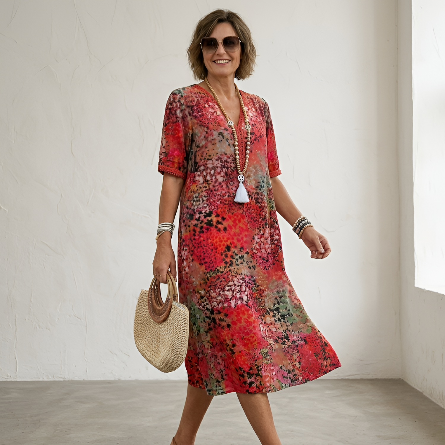 Women's Abstract V-Neck Short Sleeve Midi Dress - Casual Summer Wear
