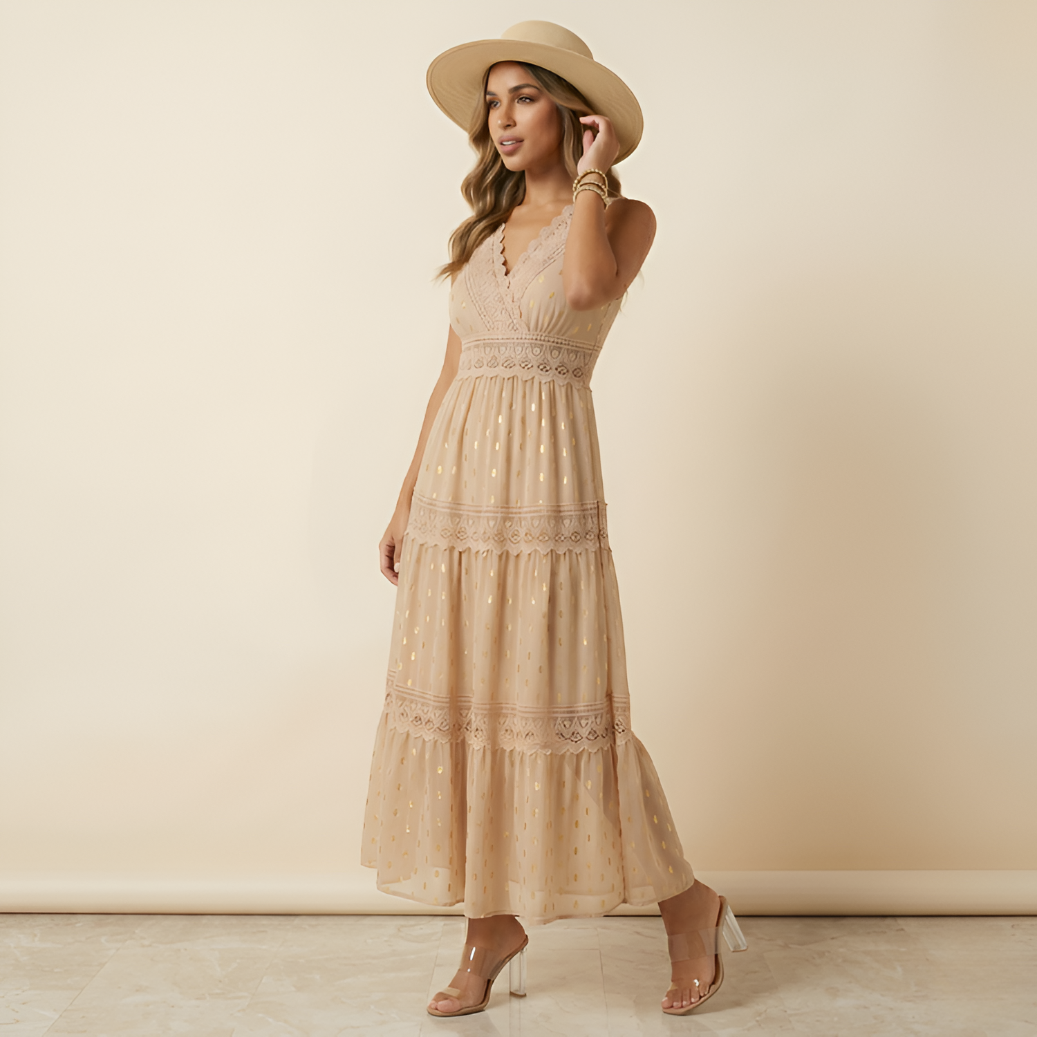 Women's V-Neck Swiss Dot Maxi Dress - Beach Vacation