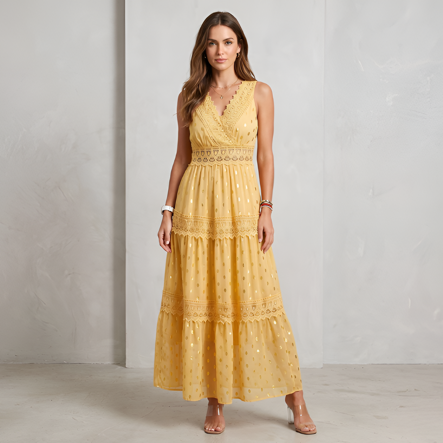 Women's V-Neck Swiss Dot Maxi Dress - Beach Vacation