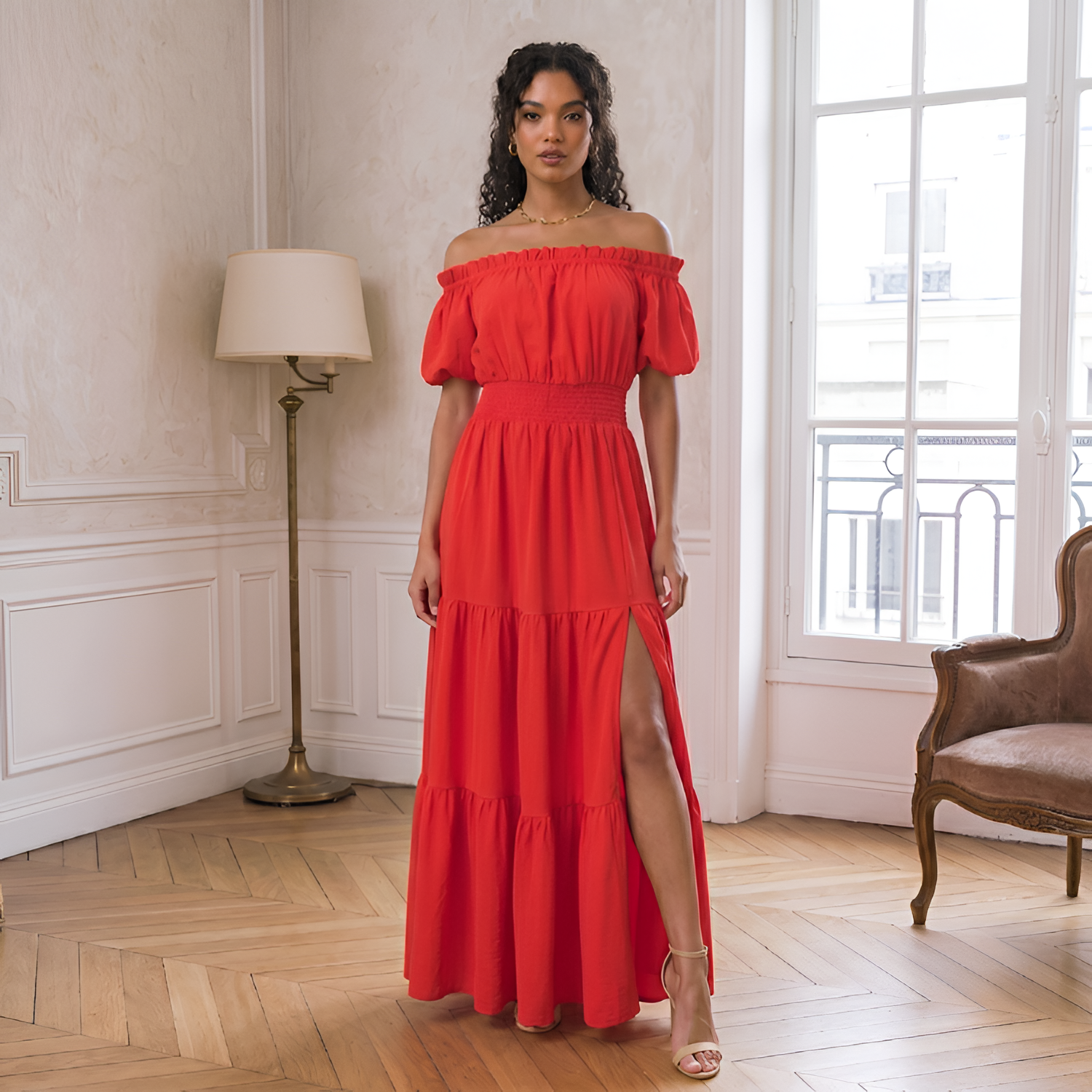 Women's Off-Shoulder Smocked Ruffled Maxi Dress - Garden Parties