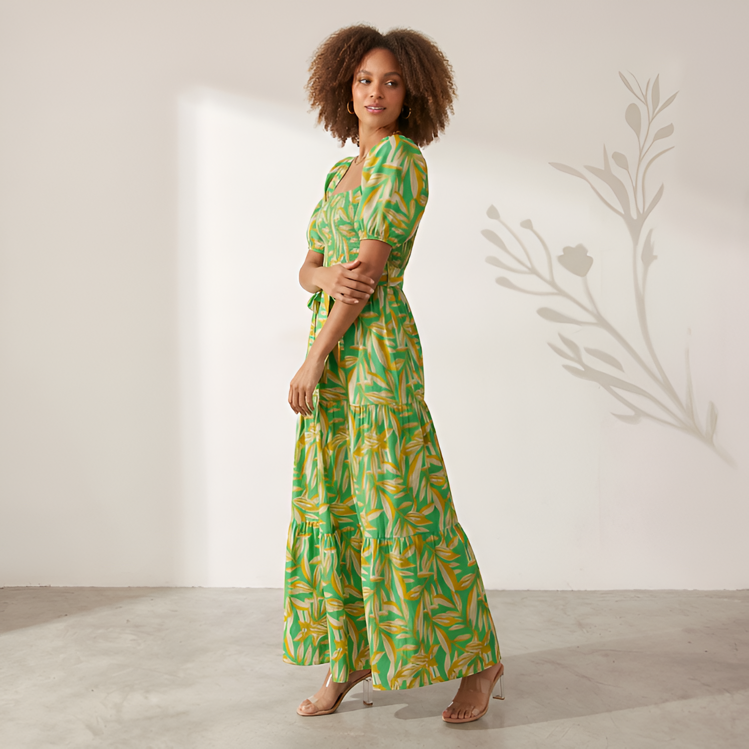 Women's Leaf Print Off-the-Shoulder Maxi Dress - Casual Daytime Outings