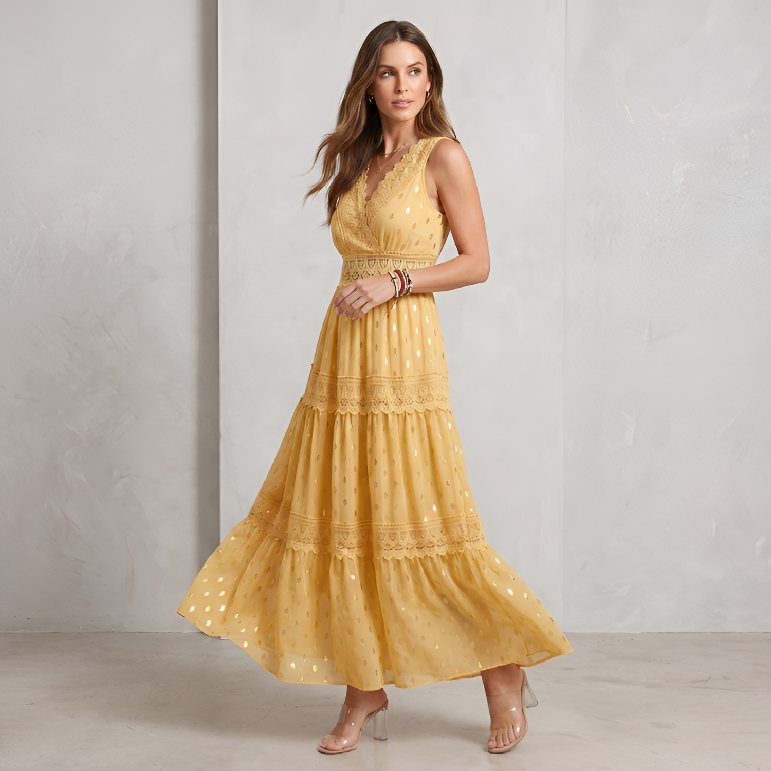 Women's V-Neck Swiss Dot Maxi Dress - Beach Vacation