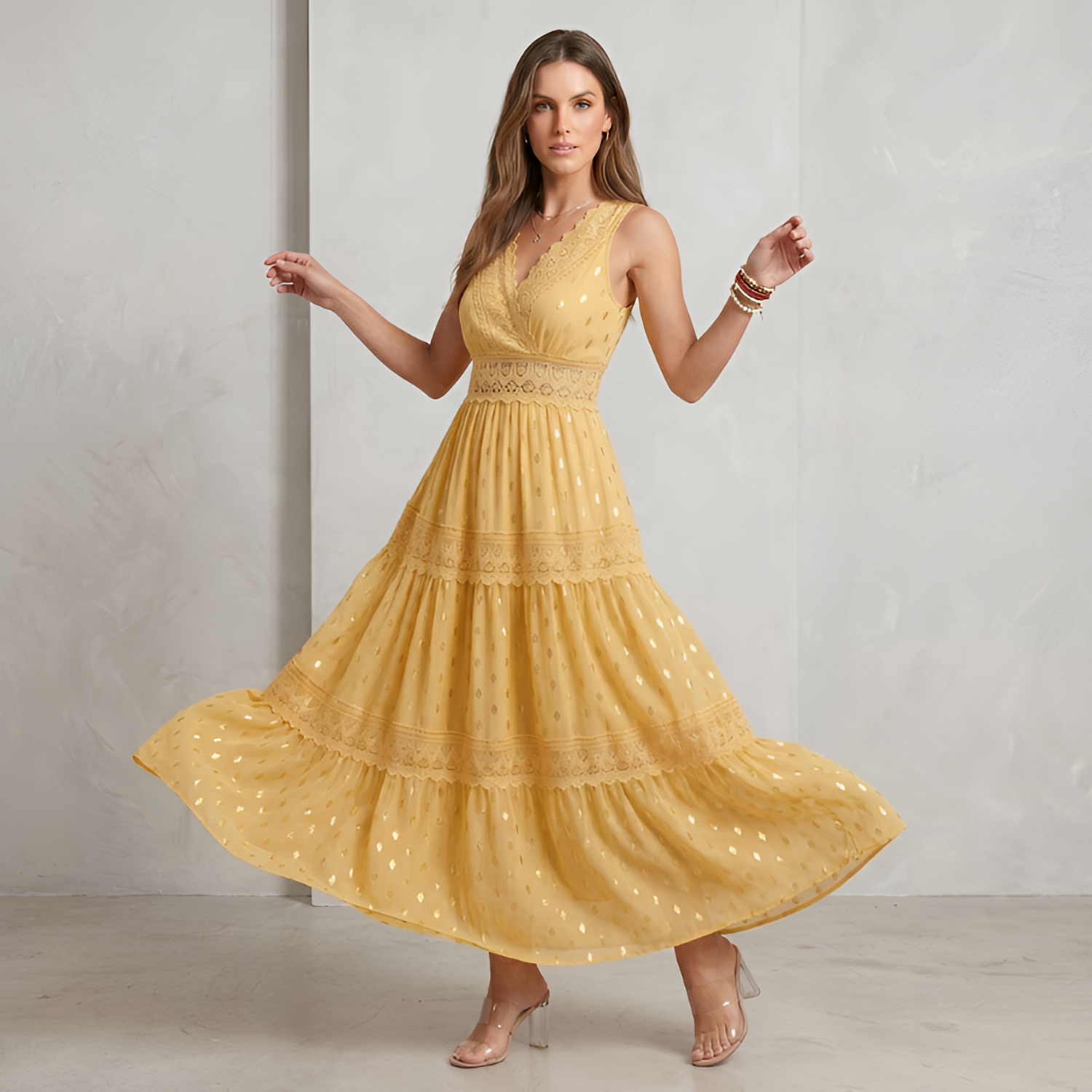 Women's V-Neck Swiss Dot Maxi Dress - Beach Vacation