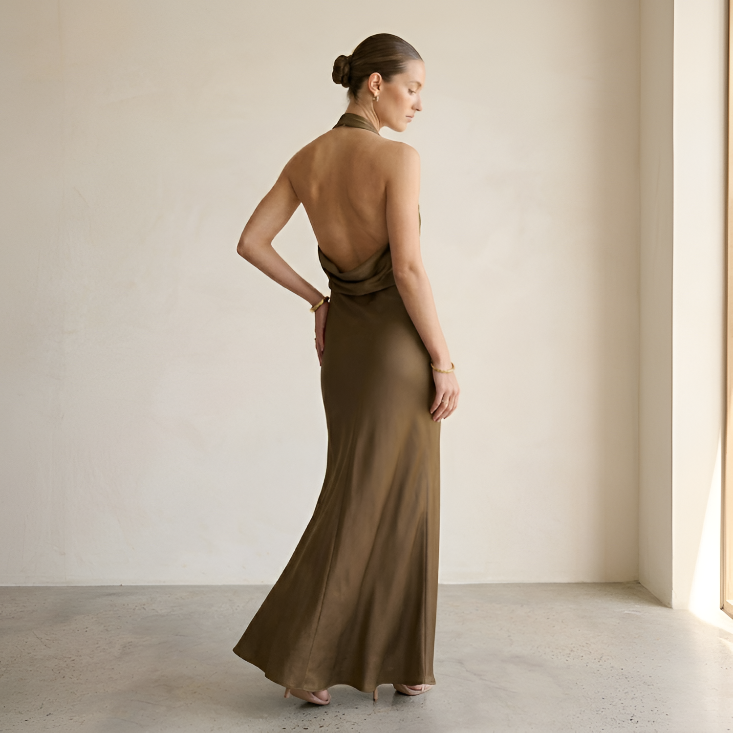 Women's Cowl Neck Backless Halter Maxi Dress - Formal Wear