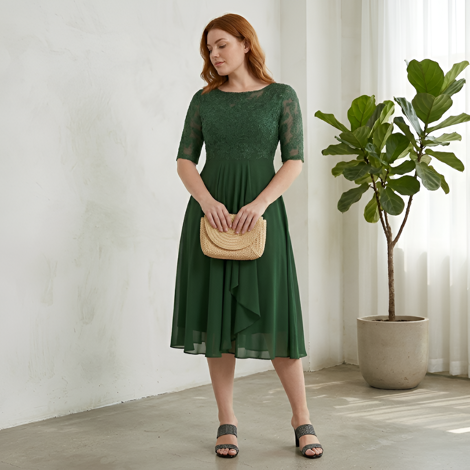 Women's Embroidered 3/4 Sleeve Midi Dress - Formal Wear