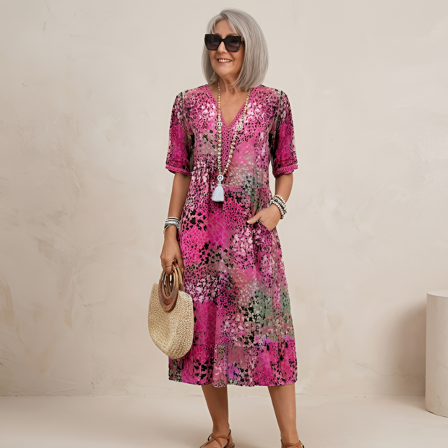 Women's Abstract V-Neck Short Sleeve Midi Dress - Casual Summer Wear