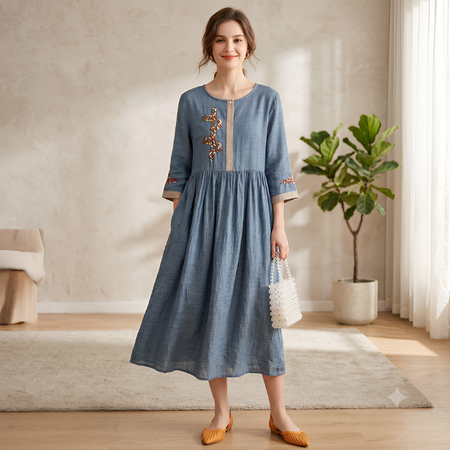 Women's Embroidered 3/4 Sleeve Midi Dress - Casual